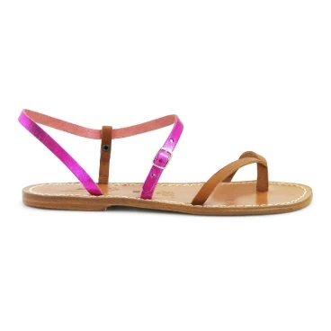 Tong sandales plates en cuir marron pour femme
