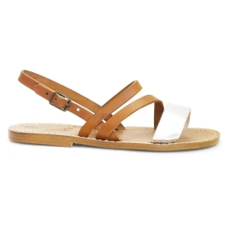 Sandalias planas piel marrón claro y plata mujeres