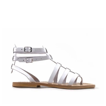 Damen-Sandalen im Gladiator-Stil aus weißem Leder mit Ledersohle in Italien von Hand gefertigt