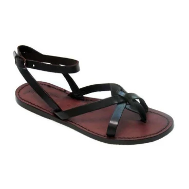Tongs pour femme en cuir travaillé à la main marron