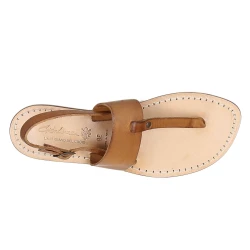 Tongs femme en cuir marron avec semelle en cuir naturel