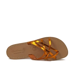 Damen-Riemchen-Sandalen mit oranger Laminierung in Italien von Hand gefertigt