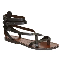 Spartiates cuir marron pour femme travaillé à la main