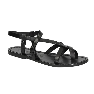 Damen Riemchen-Sandalen aus schwarzem Leder in Italien von Hand gefertigt