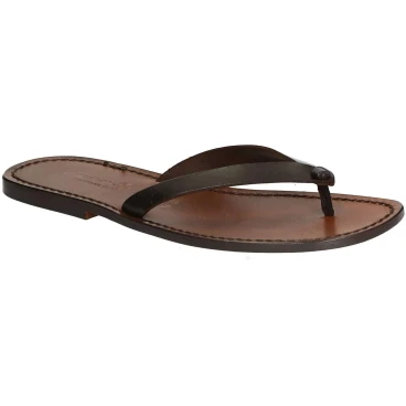 Sandalias de cuero marrón oscuro tangas para hombres hecho a mano