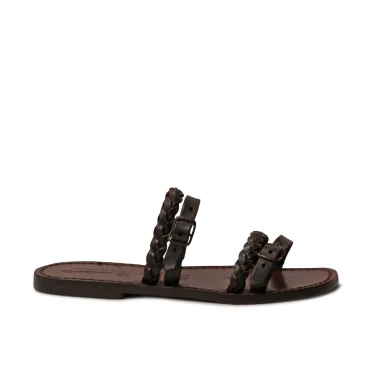 Hand gefertigte Damen-Slippersandalen aus dunkelbraunem Leder