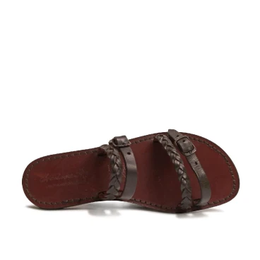 Hand gefertigte Damen-Slippersandalen aus dunkelbraunem Leder