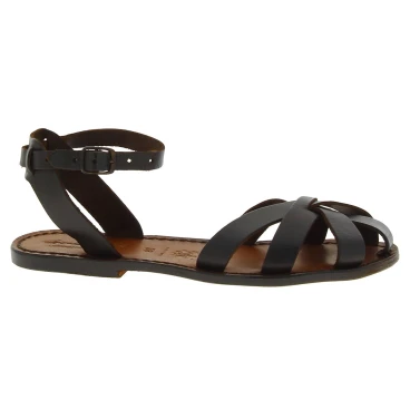 Sandalias planas hecho a mano en Italia para las mujeres reales de cuero marrón oscuras