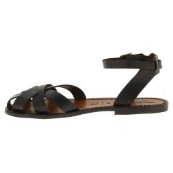Sandalias planas hecho a mano en Italia para las mujeres reales de cuero marrón oscuras
