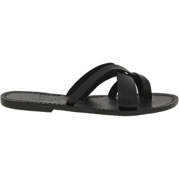 Tongs femme en cuir noir travaillés à la main en Italie