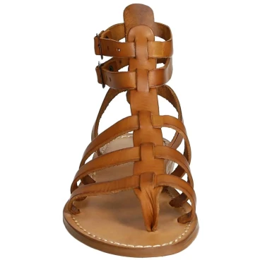 Flache Damen-Sandalen im Gladiator-Stil aus Leder in Italien von Hand gefertigt
