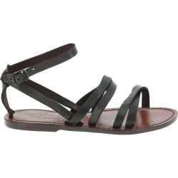 Handmade women's flat sandals dark brown leather