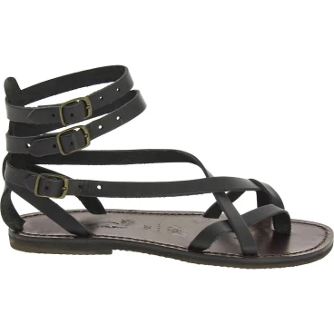 Spartiates cuir noir pour femme travaillé à la main