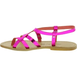 Women's flat sandals handmade fuchsia laminated leather
