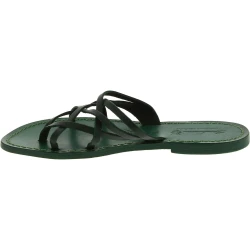 Hand gefertigte Damen-Sandalen mit Reimenstreifen aus grünem Leder mit Ledersohle