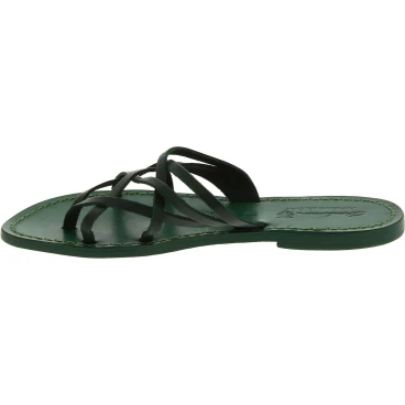 Hand gefertigte Damen-Sandalen mit Reimenstreifen aus grünem Leder mit Ledersohle