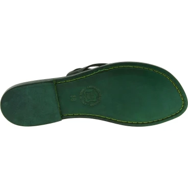 Hand gefertigte Damen-Sandalen mit Reimenstreifen aus grünem Leder mit Ledersohle