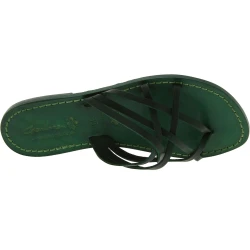 Handmade green strips leather womens slides thongs and leather sole