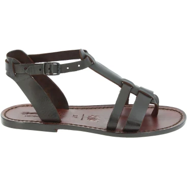 Braune flache Ledersandalen für Damen in Italien von Hand gefertigt