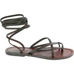 Womens tiras de cuero hecho a mano en Italia sandalias en cuero marrón oscuro