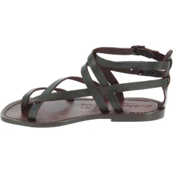 Flache Hand gefertigte Damen-Sandalen mit Riemchen aus dunkelbraunem Leder
