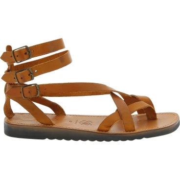 Tan leather men's gladiator sandals with thick rubber sole