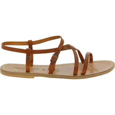 Damen flache Riemchen-Sandalen aus Lederfarbig Leder in Italien von Handgefertigt