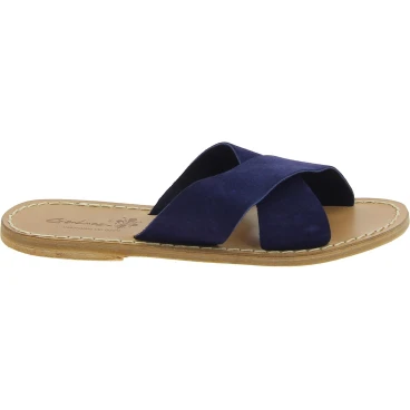 Sandalias de cuero nobuck azul para mujeres hecho a mano