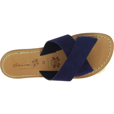 Claquettes en cuir nubuck blue pour femme artisanales