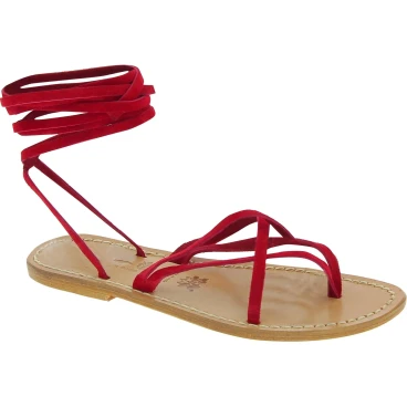 Sandalias de tiras de nubuk rojo para mujeres hechas a mano en Italia