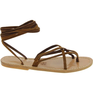 Hazelnut nubuck flat strappy sandals for women handmade in Italy