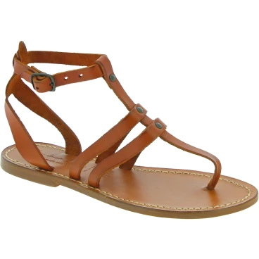 Women's thong sandals in tan leather handmade in Italy