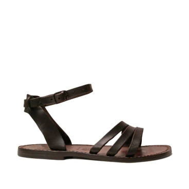 Damen-Sandalen im Franziskaner-Stil aus braunem Leder in Italien von Hand gefertigt