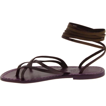 Flat strappy leather sandals violet color handmade in Italy