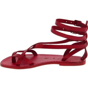 Spartiate sandales pour femme en cuir rouge fait à la main