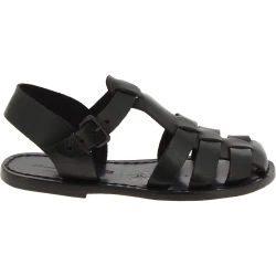 Sandalias planas negro para las mujeres reales de cuero hecho a mano en Italia