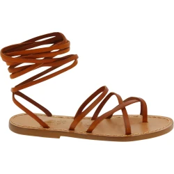 Sandalias de tiras de cuero marrón para mujeres hechas a mano en Italia