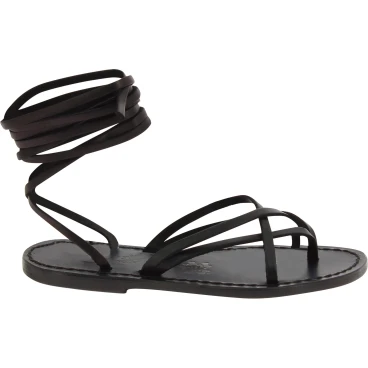 Sandales spartiate noir pour femme en cuir travaillé à la main en Italie