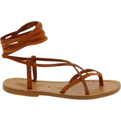 Women's brown leather flat strappy sandals handmade in Italy