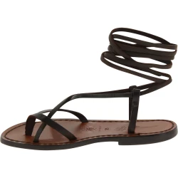 Dark brown leather flat strappy sandals handmade in Italy