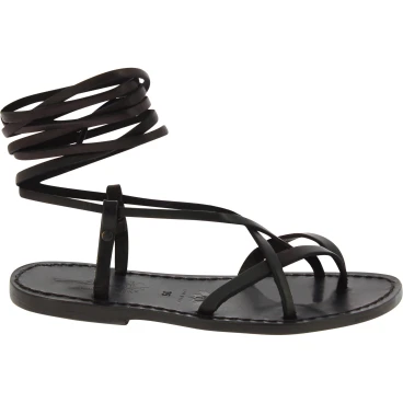 Spartiate femme cuir véritable noir fait main en Italie