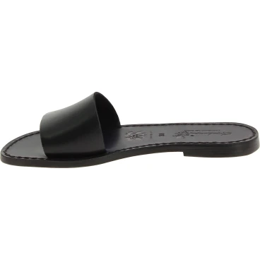 Women's leather slides sandals in black leather handmade