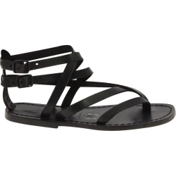 Handmade women's flat sandals in black leather