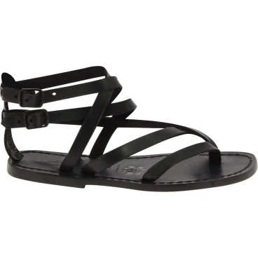 Handmade women's flat sandals in black leather