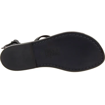 Sandalias de tiras planas para mujer en cuero negro hechas a mano