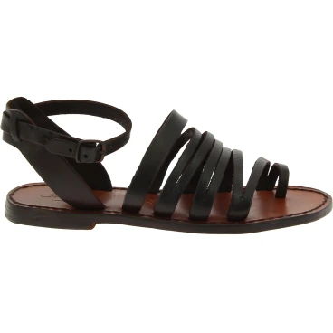 Damen-Riemchen-Sandalen aus Dunkelbraunem Leder in Italien von Handgefertigt