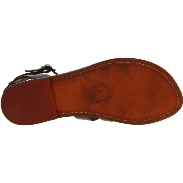 Sandales tong pour femme en cuir marron foncé travaillé à la main