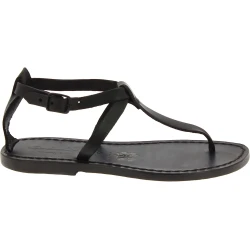 Handmade t-strap black leather flat sandals for women
