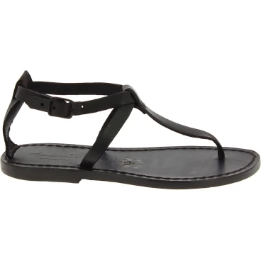 Handmade t-strap black leather flat sandals for women