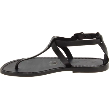 Handgefertigte Damen-Sandalen mit T-Steg aus schwarzem Leder